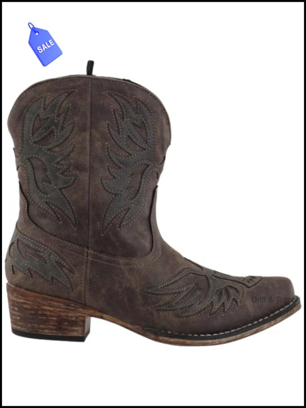 Faux Leather Western Booties Snip Toe Pull-On Low Heel Embroidery Cushioned
